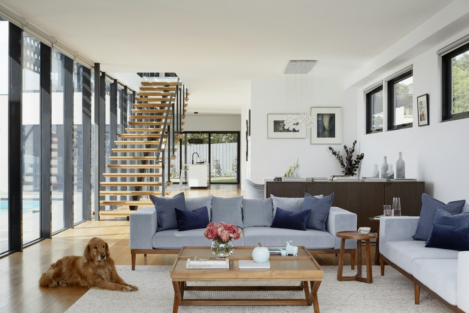 An open-plan living space with natural light